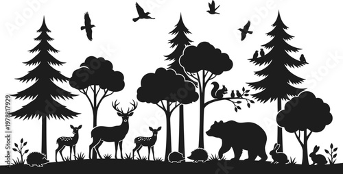 Black forest scene with animals and trees in silhouette on white background