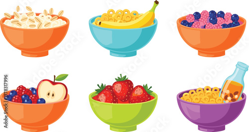 Healthy cereal bowls vector set featuring fruits, berries, banana and granola breakfast meals in colorful flat style illustration isolated on background