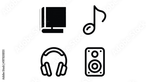 Harmony of Sounds and Knowledge: A collection of simple icons representing elements of learning and audio experience, showcasing a monitor book, a musical note, headphones, and a loudspeaker.