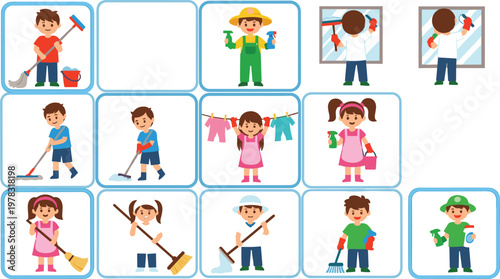 Kids doing household chores vector set featuring cleaning, mopping, gardening and washing activities in colorful cartoon style illustration isolated on background