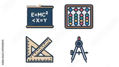 Math Tools and Formulas: Illustrative icons of essential mathematical instruments and equations, representing learning, measurement, and the core principles of mathematics.