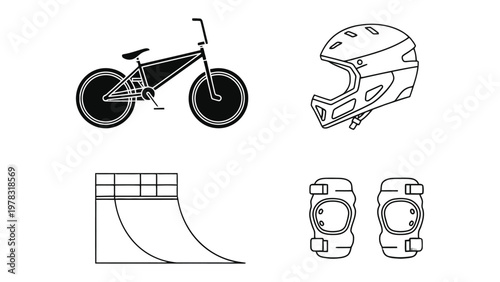 BMX Gear Essentials: An illustration showcasing key components of BMX riding gear, including a bike, helmet, knee pads, and a ramp for action sports.