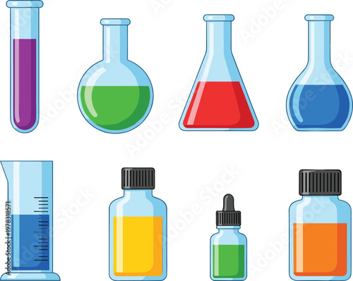 Laboratory glassware vector set featuring test tubes, flasks, beakers and chemical bottles with colorful liquids in clean flat science illustration style