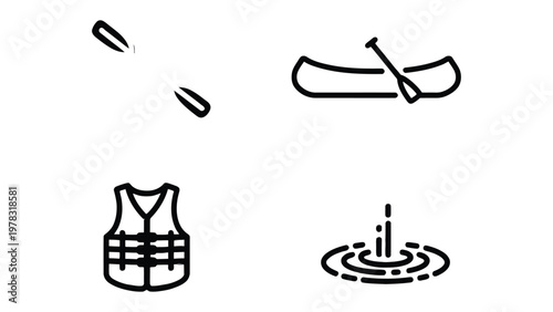Kayaking Symbols: Simple line drawings represent the essence of aquatic adventure, illustrating essential elements for a tranquil water experience.
