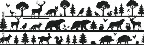 Black silhouettes of forest animals and trees on white background
