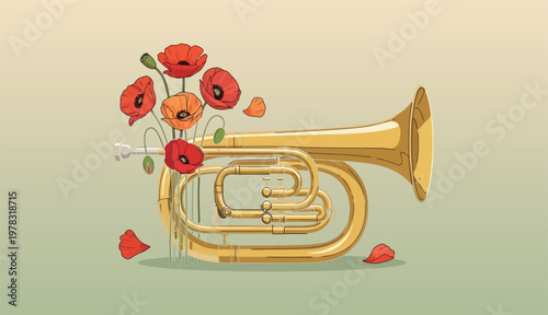 Gold bugle musical instrument decorated with colorful poppy flowers and petals