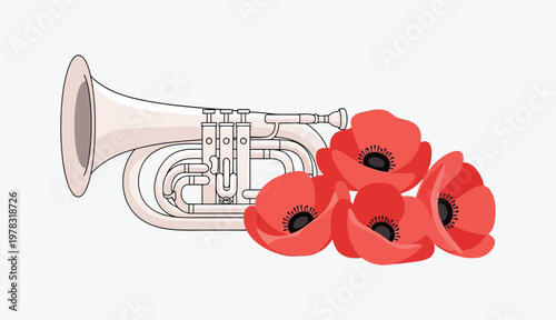 Bugle horn instrument with red poppies on light background for military service