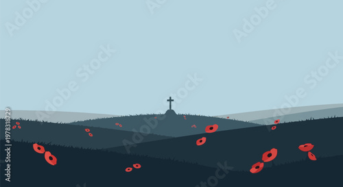 Poppy field landscape with simple cross silhouette for war memorial background