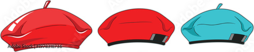 Stylish beret hat vector set featuring red and blue fashion caps in minimal flat design isolated on clean background modern accessory illustration