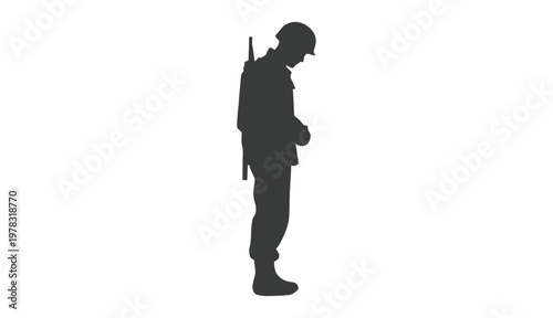 Silhouette of bowing soldier in military uniform with rifle on white background