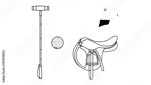 Equestrian Gear Elements: Detailed line art showcases essential equestrian equipment, highlighting the elegance of a saddle, measuring tool and accessories against a clean backdrop.