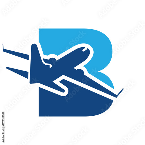 This is a monogram logo design that depicts an initial letter B with an airplane flying on it. The logo looks modern and clean in blue colors on a white background. 