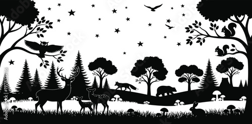 Black and white forest scene with animals and trees under a starry night sky