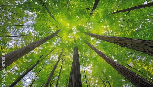 Looking Upward Through a Lush Green Forest Canopy, Sunlight Filtering Through Tall Trees Leaves