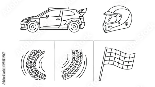 Racing Essentials in Monochrome: A graphic illustration showcasing a rally car, helmet, tire tracks, and a checkered flag, all rendered in a striking black and white design. 