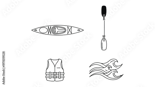 Kayak Essentials: A minimalist illustration of essential kayak equipment, including a kayak, paddle, life vest, and waves, showcasing the core elements of a water adventure.