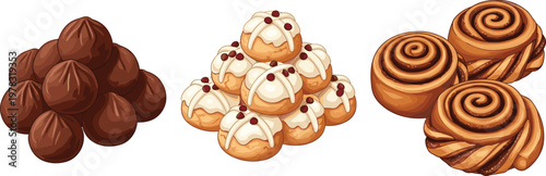Sweet pastry vector set featuring chocolate truffles, cream puffs and cinnamon rolls in delicious cartoon style dessert illustration isolated on background