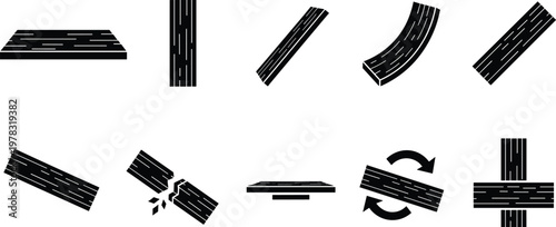 Stylized wooden plank vector illustration showing deformation, bending, cracking, warping, rotation, overlapping beams, construction material damage and woodworking concepts