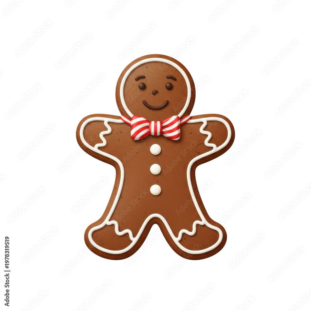 Obraz premium Gingerbread man cookie with red and white bow tie isolated on a transparent background