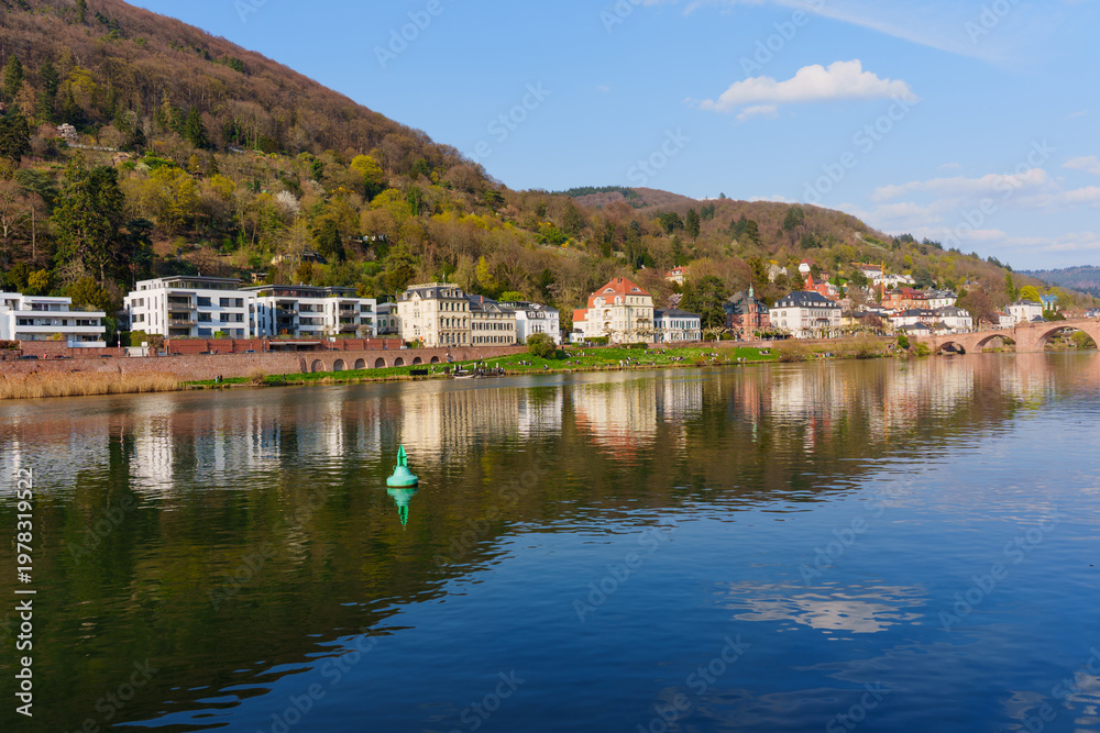Fototapeta premium Heidelberg City Skyline Reflection on Neckar River with Old Bridge