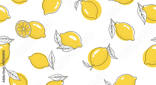 Modern lemon pattern combining yellow circles with hand drawn citrus sketches including leaves and fruit slices on white background.