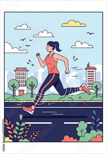 A woman in athletic wear running outdoors in a city with buildings and trees visible under a cloudy sky vector design
