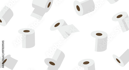 Quirky seamless pattern of white toilet paper rolls floating on a clean white background suitable for funny bathroom decor themes.