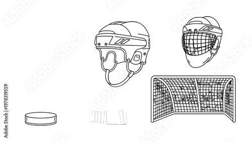 Hockey Gear Line Art: A selection of essential hockey equipment, meticulously rendered in elegant line art, ready for action.