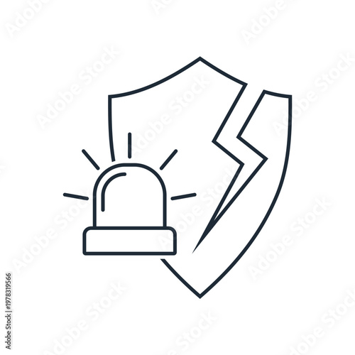 Broken shield and warning signal. Security breach alert.Vector linear icon illustration isolated on white background.