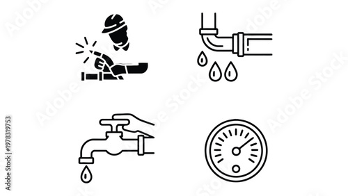Plumbing Essentials Icons: A collection of meticulously designed icons showcasing essential elements of plumbing work. Each icon represents a core aspect of the plumbing trade.