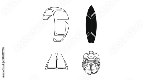 Kitesurfing Equipment Illustration: A detailed outline of essential kitesurfing gear, including a kite, board, harness, and control bar, offering a glimpse into the thrill of the sport.