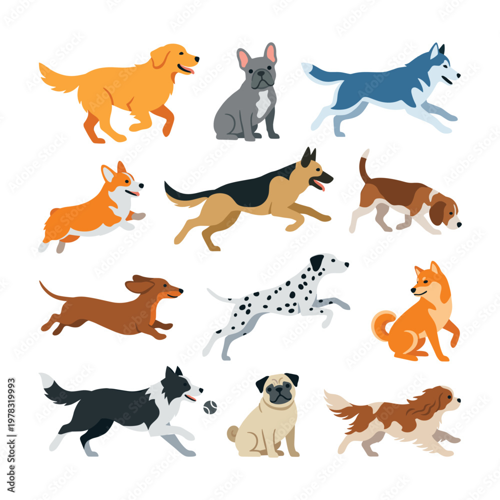 Naklejka premium Active Dogs Running Jumping Playing Action Set