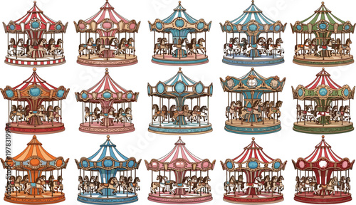 Set of Vintage Carousel Rides with Horses in Different Color Themes for Amusement Park, Carnival, and Fun Fair Designs