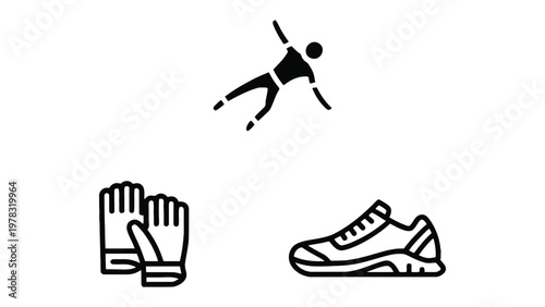 Skydiving Essentials Icon: A graphic representation of the basic elements of skydiving: an airborne silhouette, protective gloves, and a sturdy shoe, essential gears in action.