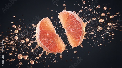Fresh grapefruit halves splashing with juice on dark background  