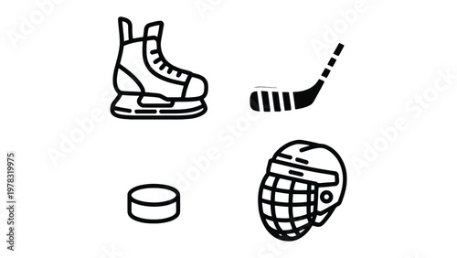 Hockey Essentials Icon: Showcasing the core elements of the sport, this graphic presents a sleek, minimalist illustration of a skate, stick, puck, and helmet.