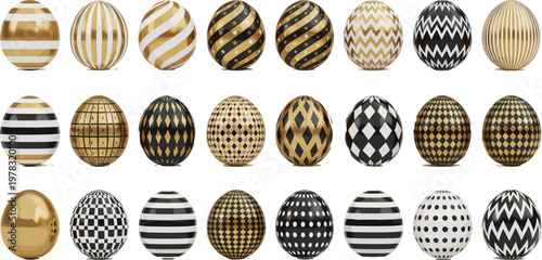 Set of Black and Gold Decorative Balls with Stripes and Patterns for Holiday, Festive, and Luxury Decor Designs