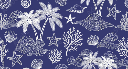 Detailed seamless pattern in blue and white featuring palm trees ocean waves starfish seashells and coral for a coastal theme.