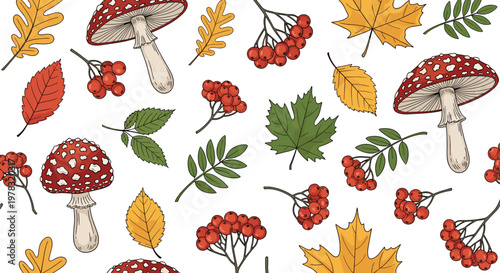Detailed autumn pattern on a white background featuring red mushrooms yellow and green falling leaves and clusters of berries.