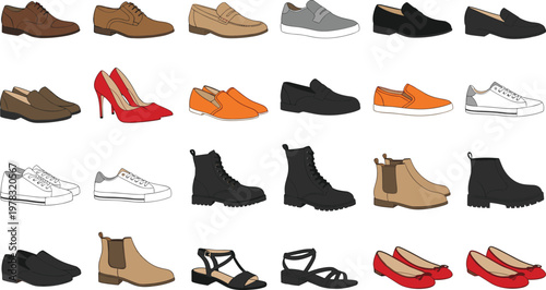 Women and men footwear vector set featuring sneakers, boots, heels, sandals and formal shoes in modern fashion style isolated on background