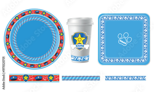 Police Pup Party Tableware Template Set with Borders