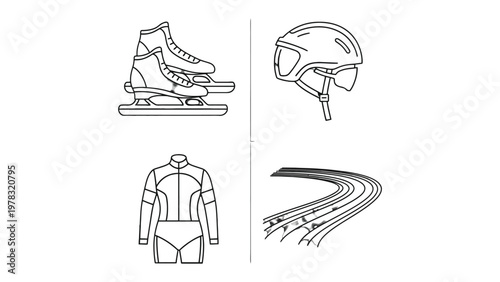 Essential Sports Gear in Monochromatic Design: A minimalist representation of key elements crucial for athletic pursuits, including skates, a helmet, sportswear, and a track, all rendered in a clean.