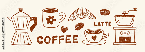 Set of coffee hand drawn doodle sketch. Morning breakfast. Cup coffee, croissant, coffee grains, grinder, geyser maker in crayon, chalk, ink drawing style. Vector whimsical line art.