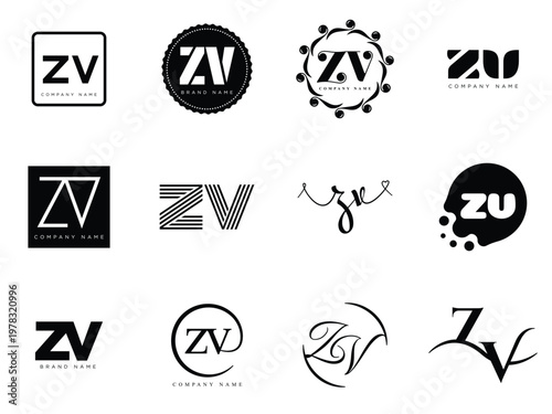 ZV logo company template. Letter z and v logotype. Set different classic serif lettering and modern bold text with design elements. Initial font typography.