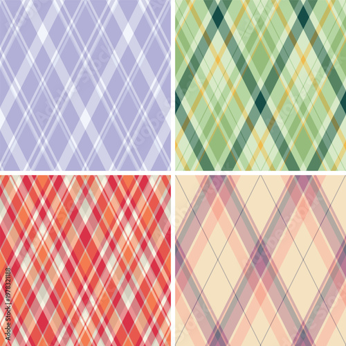 Argyle pattern set for beanies and knit caps. Coordinated diamonds patterns enhance winter accesories. Vector format scales perfectly.