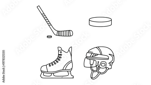 Hockey essentials sketch: a black and white sketch of essential elements of hockey, including stick, puck, skates and helmet.