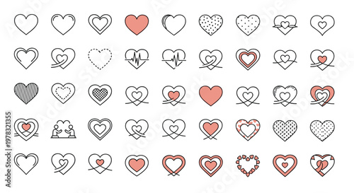 Wide variety of heart icons and symbols in various artistic styles including hand drawn linear and filled designs for love romance and passion.