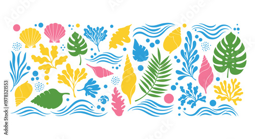Vibrant collection of tropical sea elements including colorful shells exotic leaves and stylized waves arranged in a decorative composition for summer.