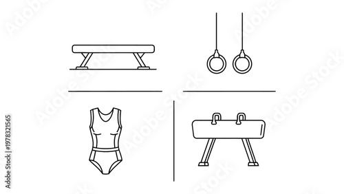 Gymnastics Equipment Illustration: A set of black and white line illustrations showcasing the tools of gymnastics competition, with a focus on equipment used in various disciplines