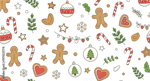 Festive seamless Christmas pattern with gingerbread cookies candy canes holly leaves and decorative ornaments on a white background for wrap.